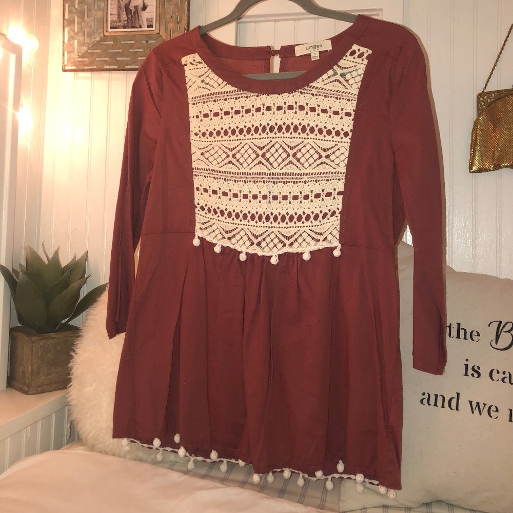 Crochet Embellished Trim Top in Burnt Burgundy